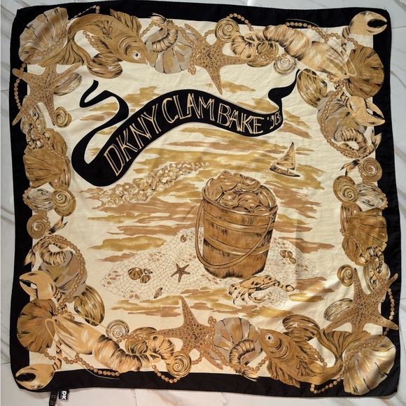 Dkny Accessories - DKNY 1993 Clam Bake Italian Black and Gold Silk Scarf